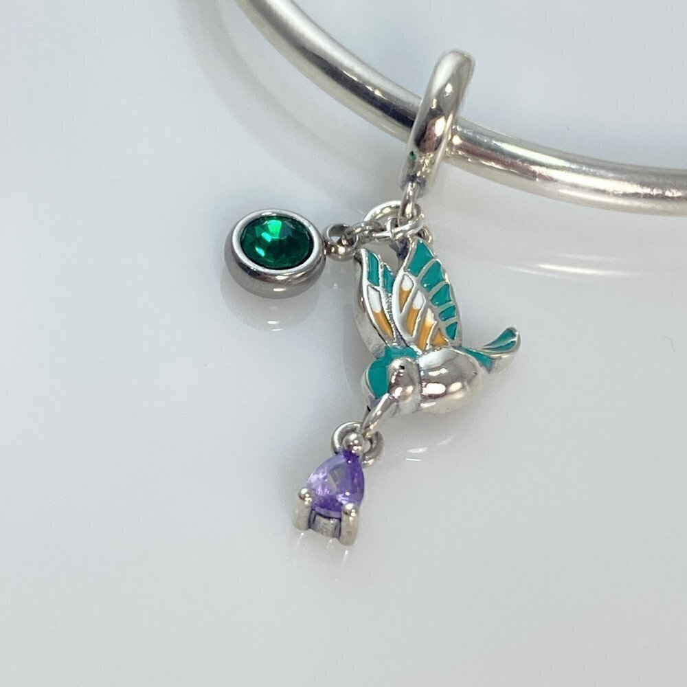 Sterling Silver Enamel Bird with Amethyst CZ Drop & Birthstone Dangle Charm